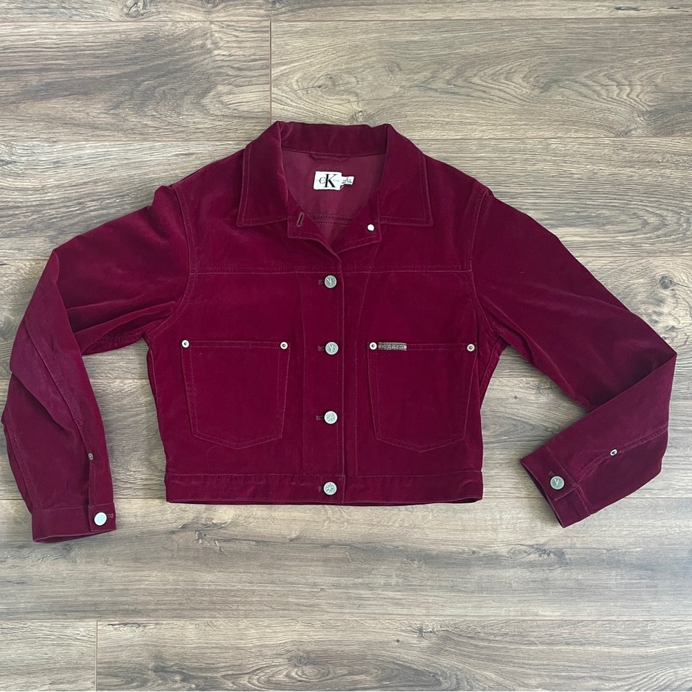 CK CALVIN KLEIN JEANS 90's RED VELVETEEN CROPPED TRUCKER JACKET |  SUPER RARE - Picture 2 of 14